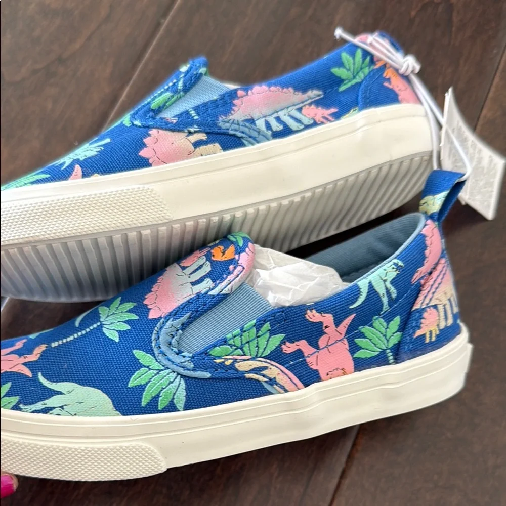 NWT Gender Neutral Old Navy Canvas Slip On Blue Dinosaur Print Sneakers